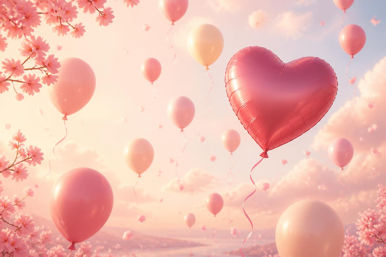 Colorful balloons floating in a cherry blossom sky